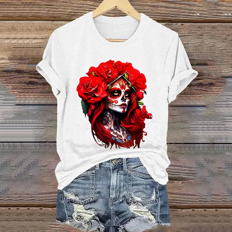 Mexican La Catrina Day Of The Dead Art Pattern Print Cotton Graphic T-Shirt