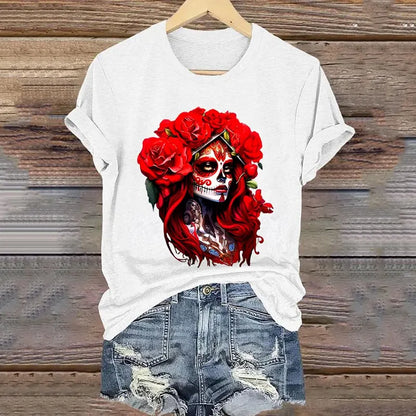 Mexican La Catrina Day Of The Dead Art Pattern Print Cotton Graphic T-Shirt