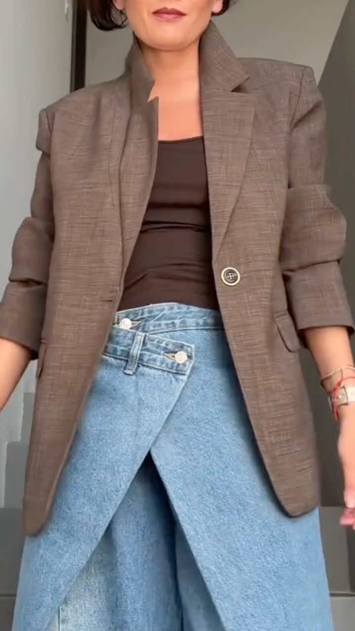 Brown Blazer & Wrap-Front Denim Pants Outfit