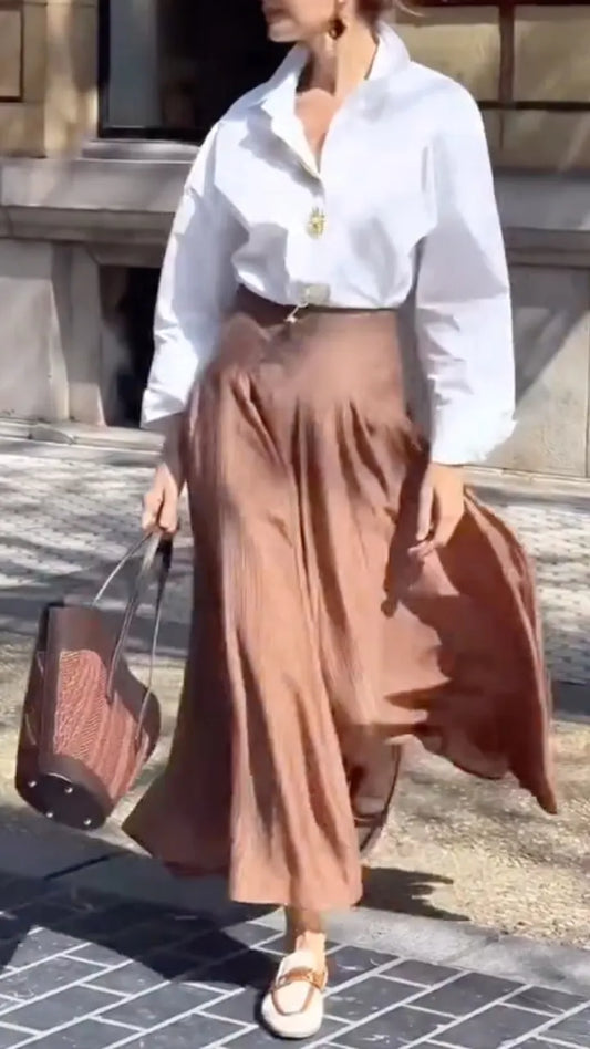 Button-Down Shirt & Brown Pleated Midi Skirt Set