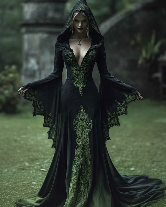 Women's Halloween Embroidered Bat Sleeve Hooded Dress 44e1