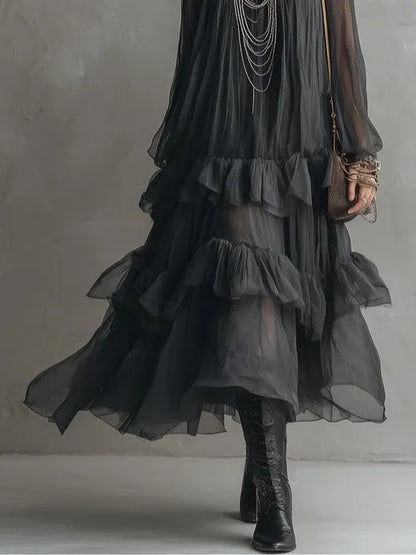 Black U-neck Sheer Layered Ruffled Maxi Dress