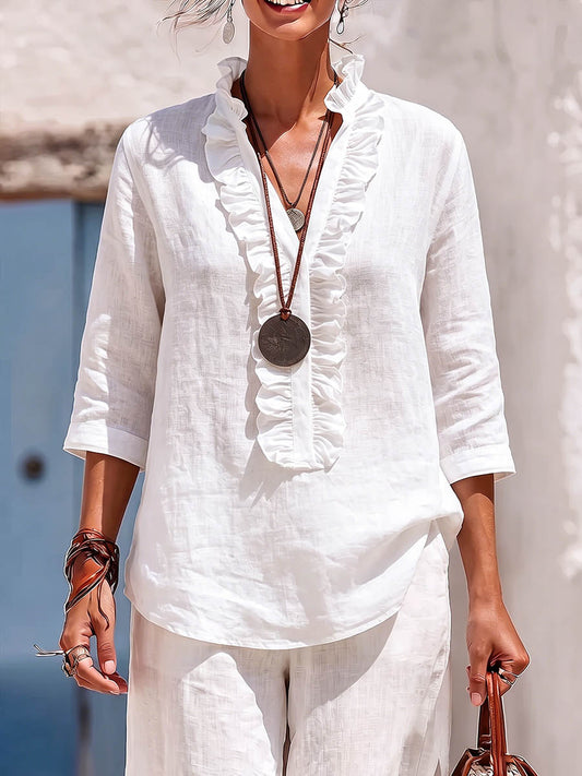 Women's Solid Color V-neck 3/4 Sleeve Casual Loose Cotton-linen Top