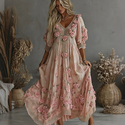 Women's Vintage Floral Art Print Flowy Linen Blend Casual Short Sleeve V Neck Maxi Dress