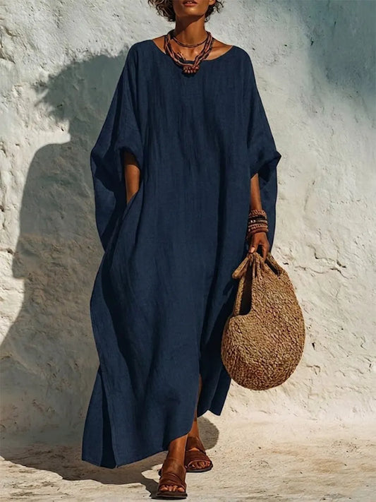 Boat-neck, Loose-fitting, Long Resort Cover-up Dress Featuring Wide Batwing Sleeves And Side Slits