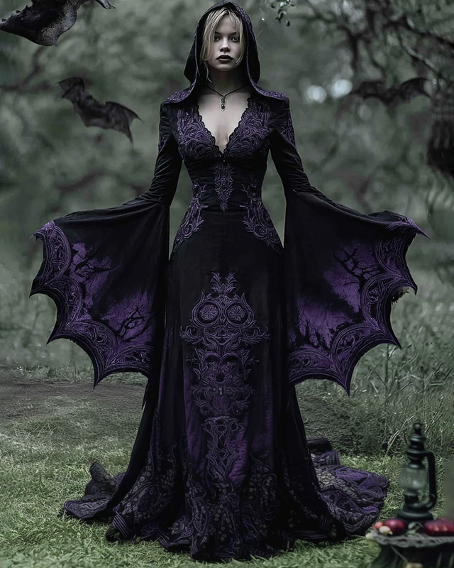 Women's Halloween Embroidered Bat Sleeve Hooded Dress 51d6
