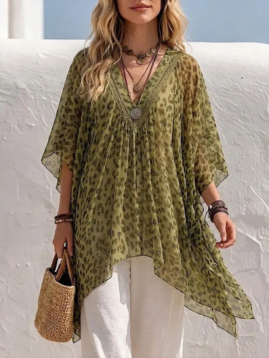 Urban-style Leopard Print Chiffon Top Featuring A V-neck And Lace Trim.