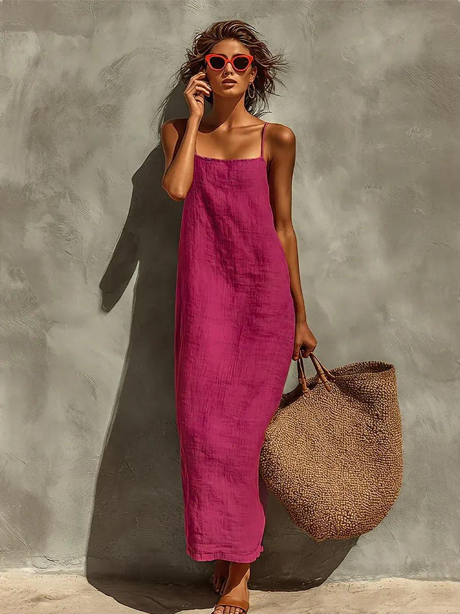 Red Faux Linen Suspender Square Neck Maxi Dress