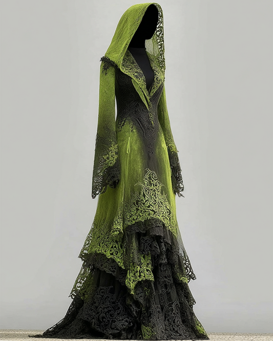 Halloween Gradient Snake Print Lace Paneled Hooded Dress be6b