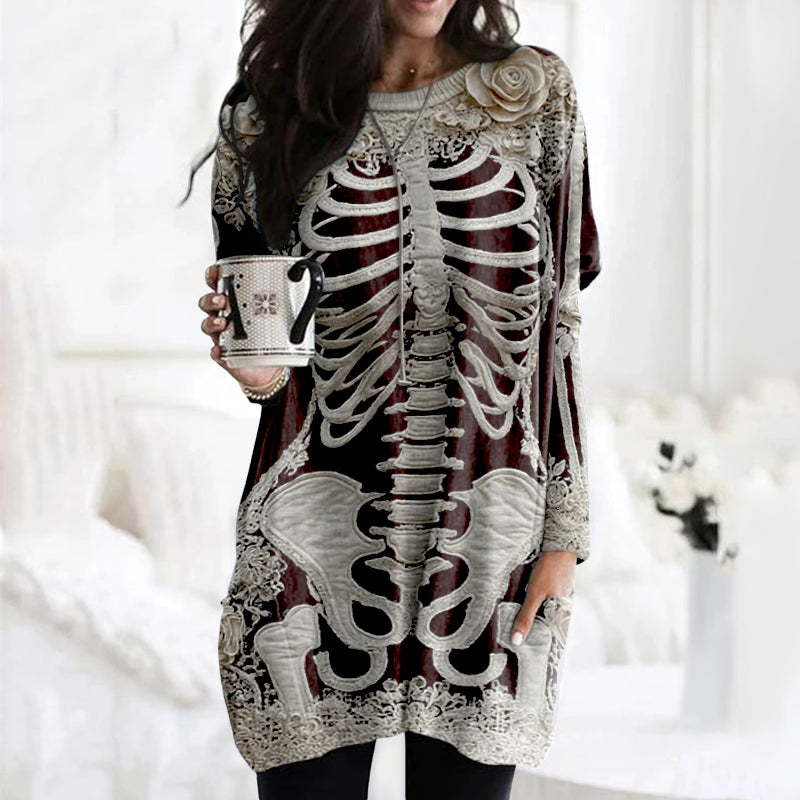 Women's Halloween Skeleton Bones With Rose Art Cozy Knit Turtleneck Mini Sweater Dress