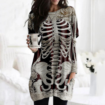 Women's Halloween Skeleton Bones With Rose Art Cozy Knit Turtleneck Mini Sweater Dress