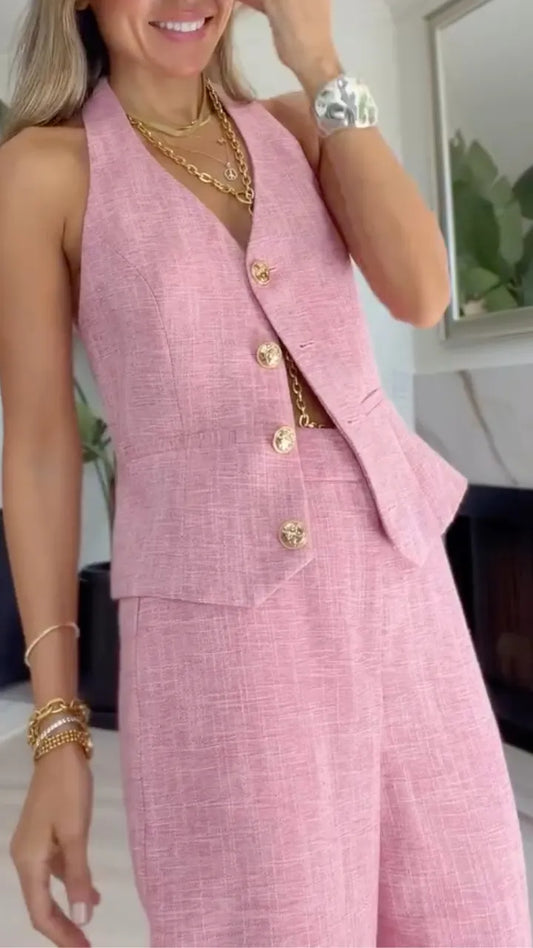 Pink Linen Halter Waistcoat Co-Ord Set