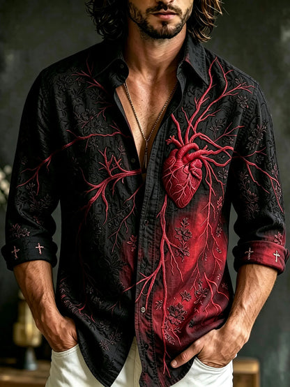 Men's Retro Vampires Classic Floral With Heart Anatomy Art Casual Halloween Shirt