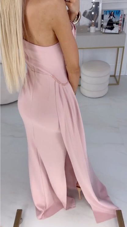 Flower Applique Side Slit Evening Gown Midi Dress