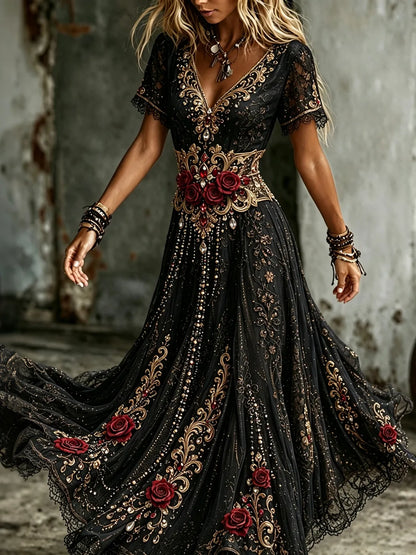 Women's Halloween Gothic Red Rose Embroidery Art V-neck Short Sleeve Maxi Dress