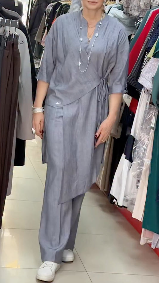 Linen Blend Wrap Tunic Top & Wide Leg Pants 2‑Piece Set