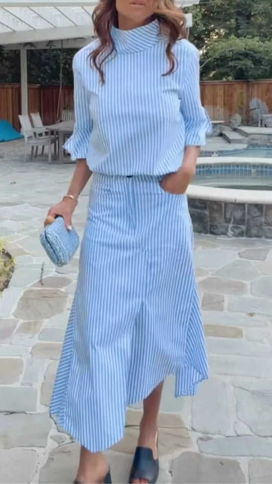 Blue Striped Turtleneck Flare Sleeve Irregular Midi Skirt Two Piece Outfit