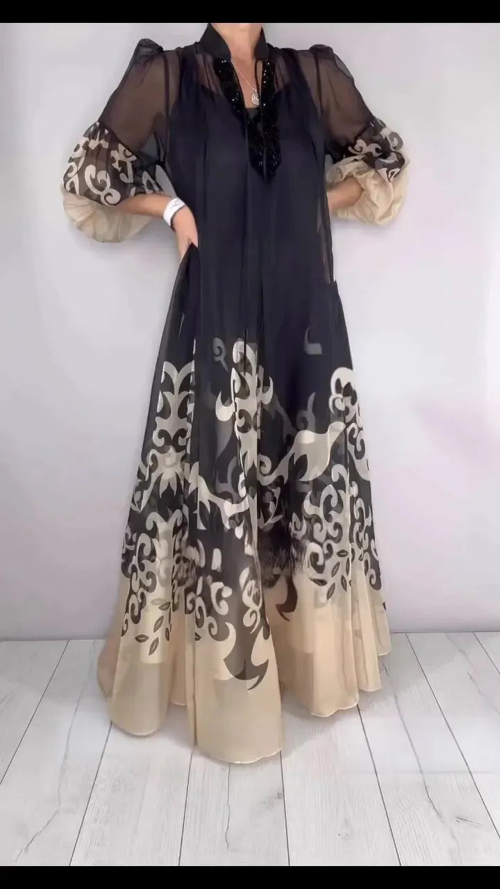 Printed Sheer Chiffon Two Piece Maxi Dress
