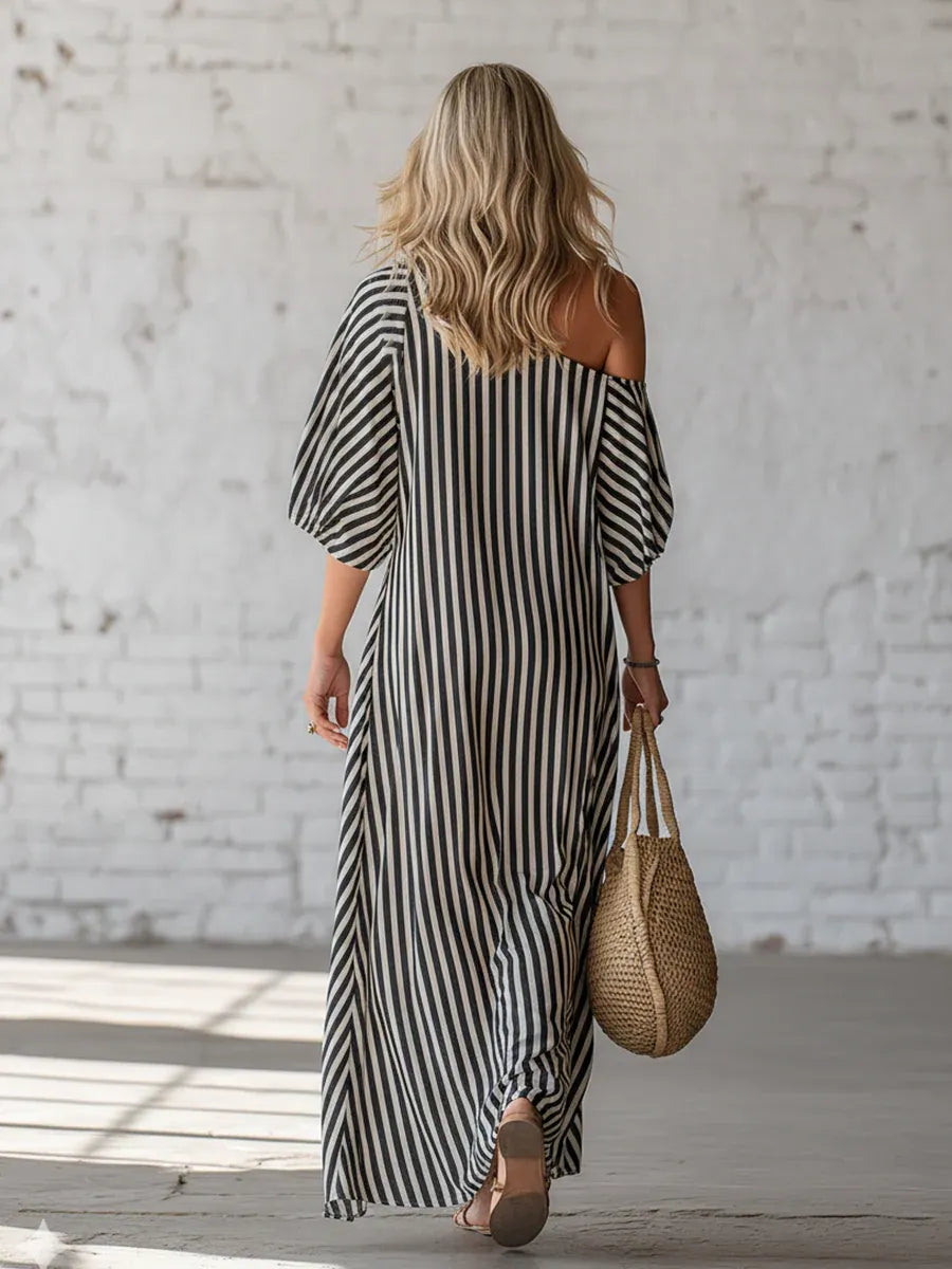 Elegant And Classic Striped Off-shoulder Maxi Dress