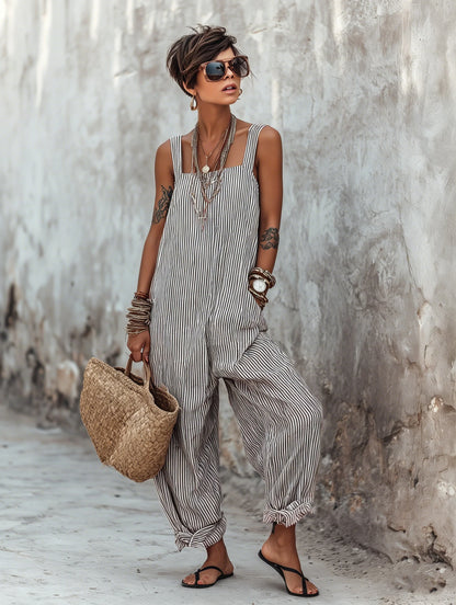 Striped Cotton Square-Neck Wide Leg Jumpsuit