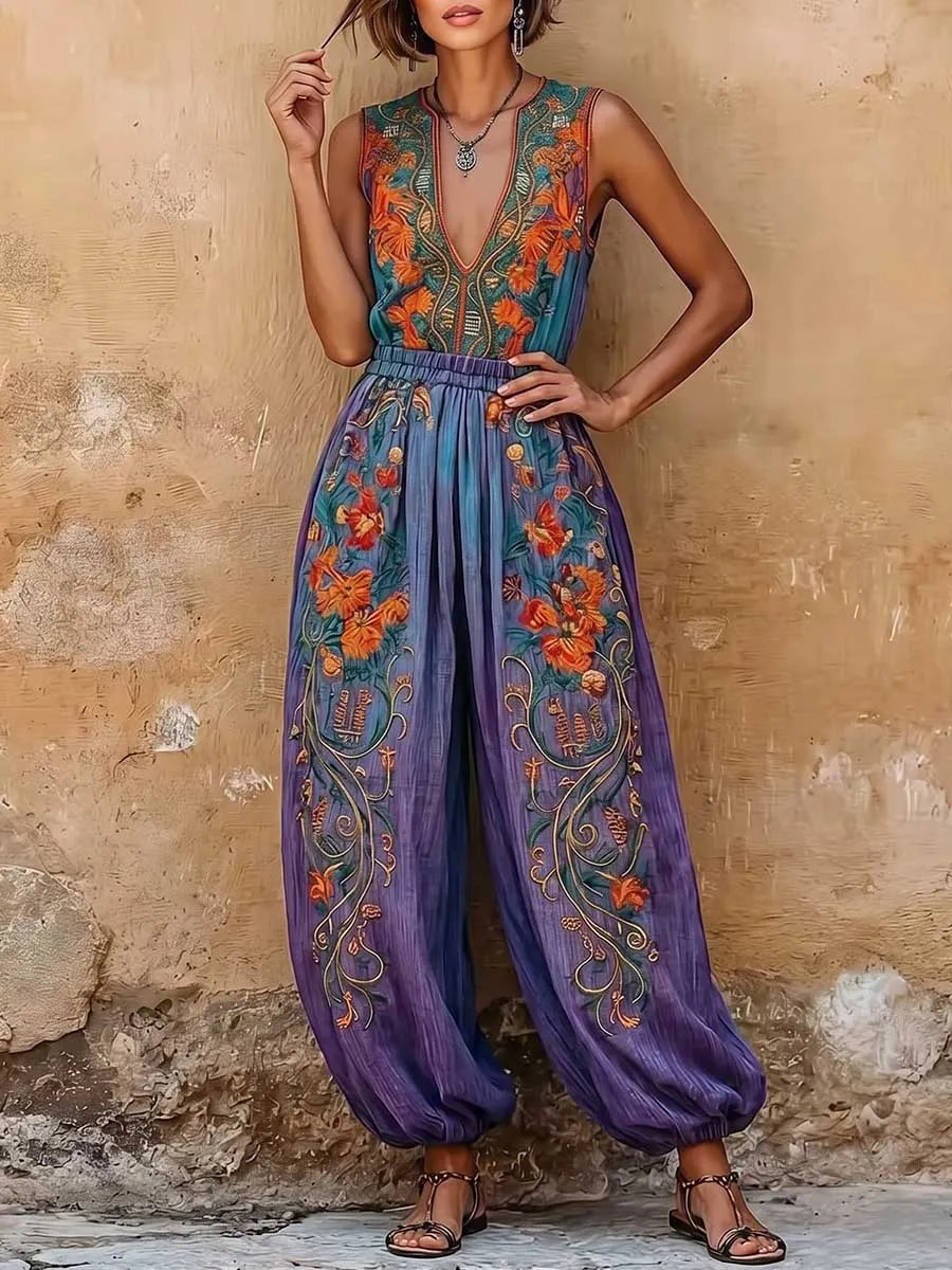 Women's Vintage Placement-print V-neck Sleeveless Casual Loose Cotton-linen Wide-leg Jumpsuit