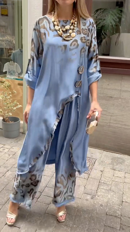 Women's Round Neck Leopard Print Satin Casual Suit