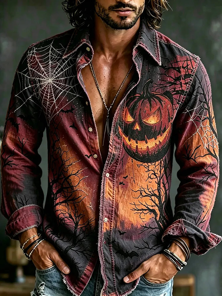 Men's Retro Halloween-themed Printed Long-sleeve Shirt