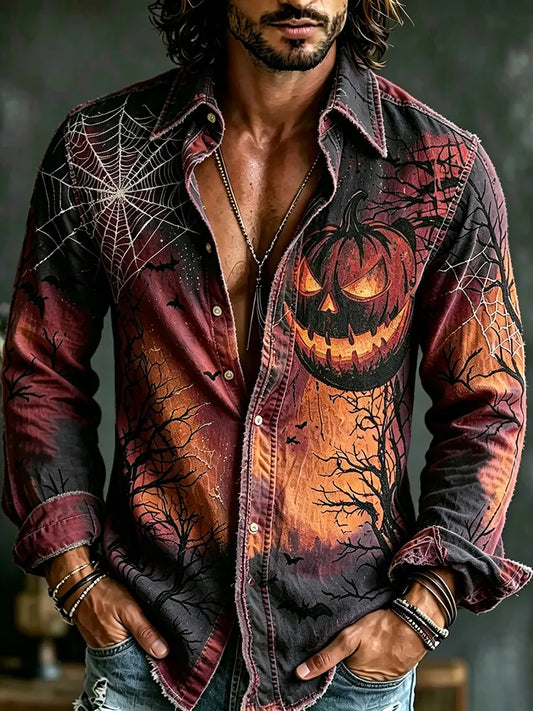 Men's Retro Halloween-themed Printed Long-sleeve Shirt