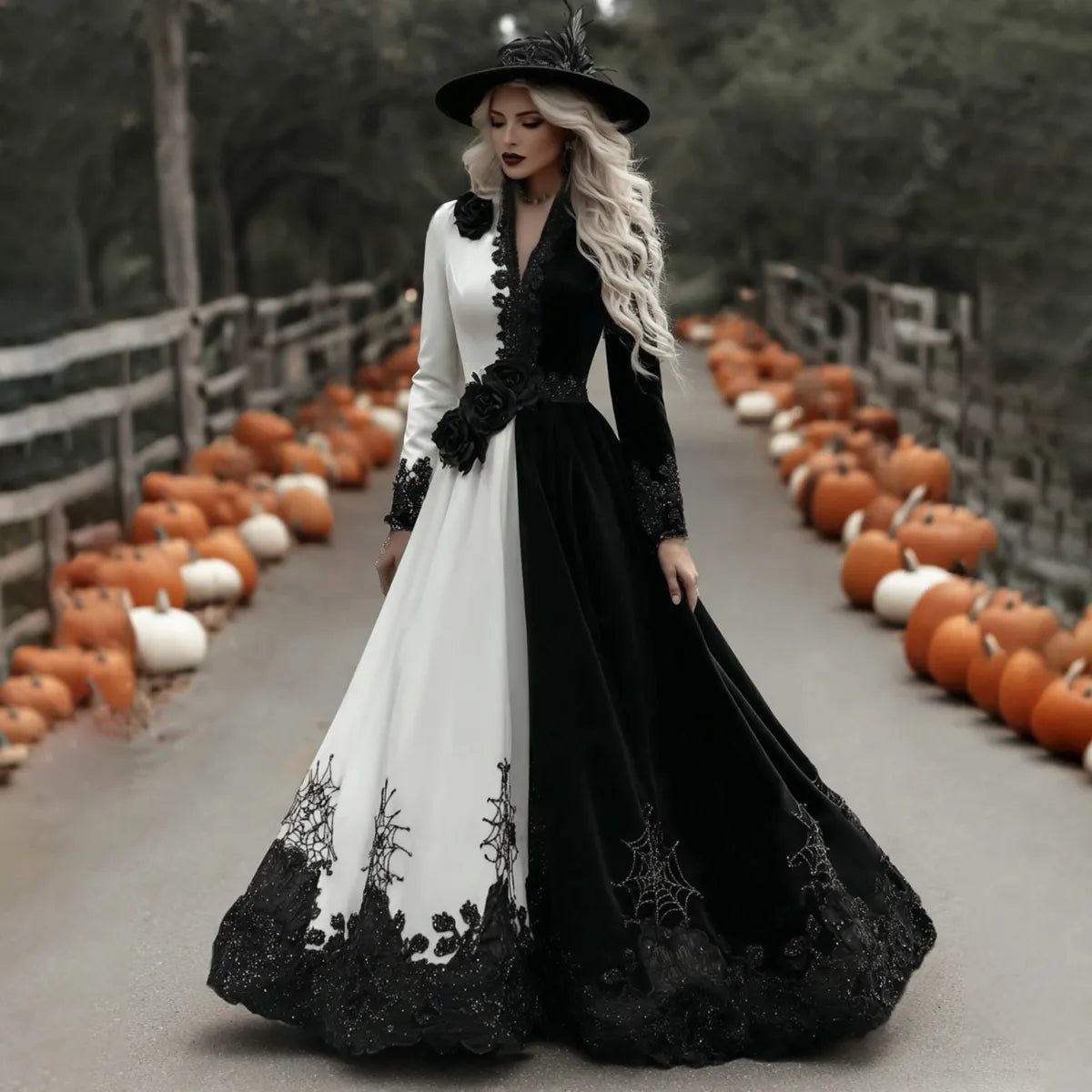 Women's Classic Halloween Black Roses And Spider Web Art Comfy Velvet Maxi Dress