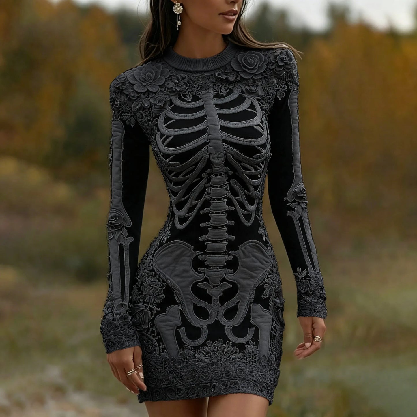 Women's Vintage Halloween Skeleton Bones With Rose Art Cozy Knit Mini Sweater Dress