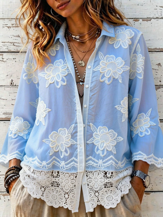 Women’s Boho 3/4 Sleeve Floral Embroidery Lace Hem Button Up Shirt