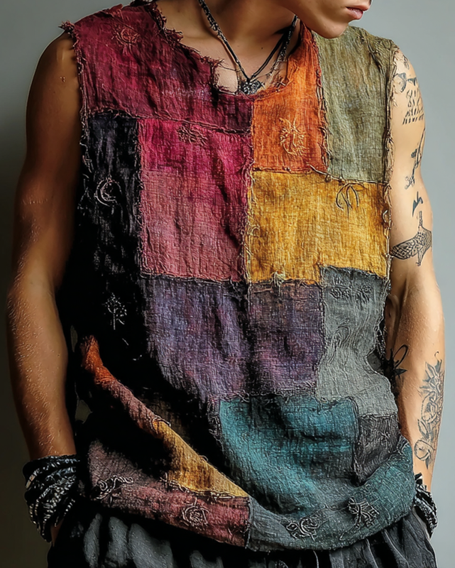 Men's star and moon embroidered rainbow contrast top 4105