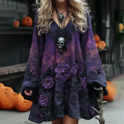 Women's Vintage Halloween Purple Rose Art Comfy Linen Mini Dress