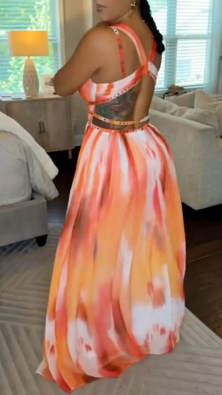 Orange Tie-Dye Halter Maxi Dress