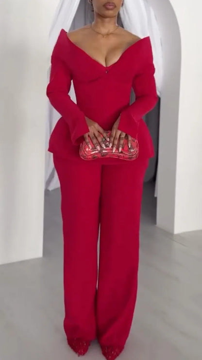 Off-Shoulder Peplum Top & Straight Leg Pants Set