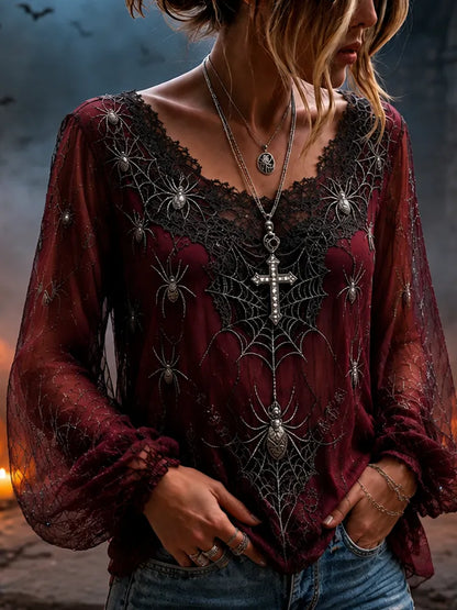 Women's Sheer Mesh Long Sleeve V-neck Blouse With Spiderweb And Spider Patterns