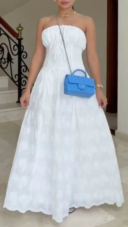 White Strapless Eyelet Embroidered Maxi Dress