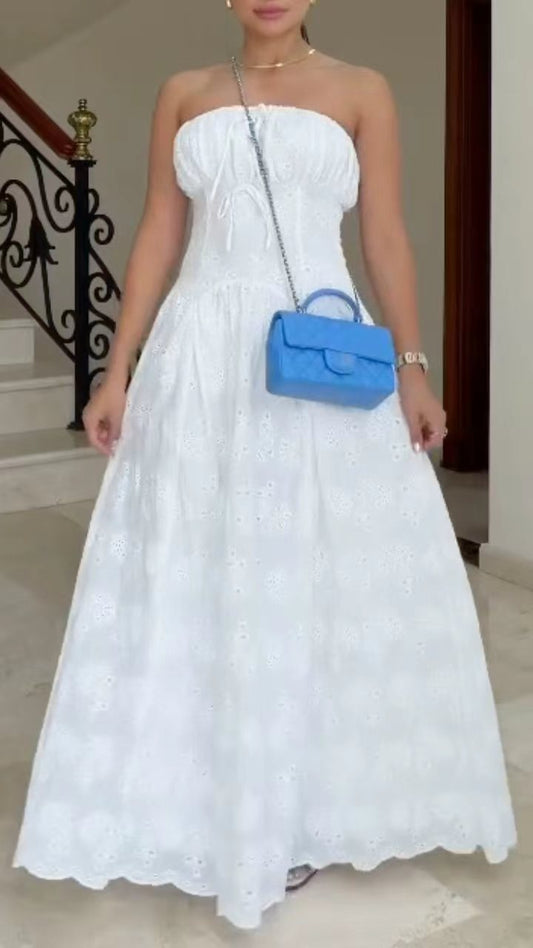 White Strapless Eyelet Embroidered Maxi Dress