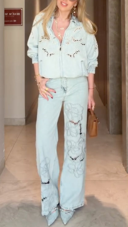 Light Blue Lace Cutwork Denim 2‑Piece Set