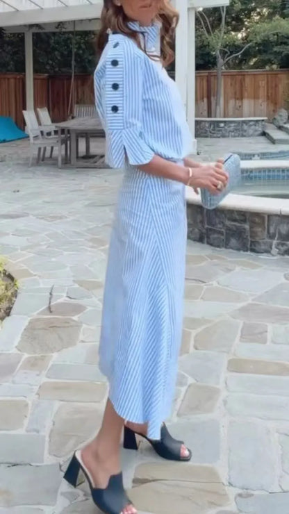 Blue Striped Turtleneck Flare Sleeve Irregular Midi Skirt Two Piece Outfit