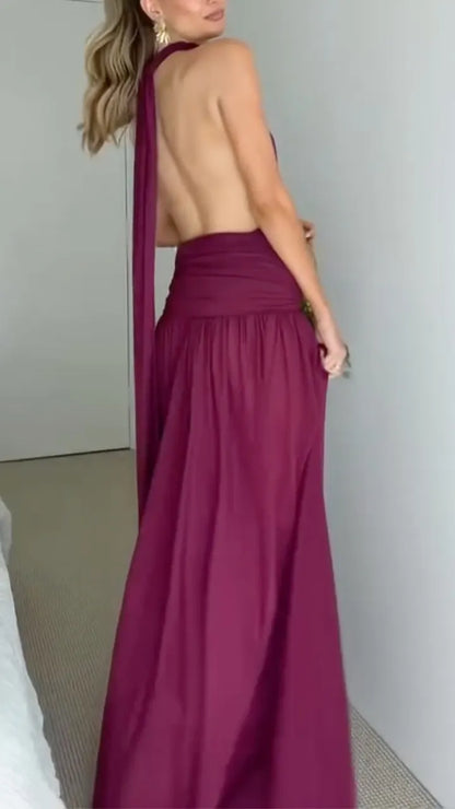 Elegant Halter Neck Pleated Waist Backless Maxi Dress