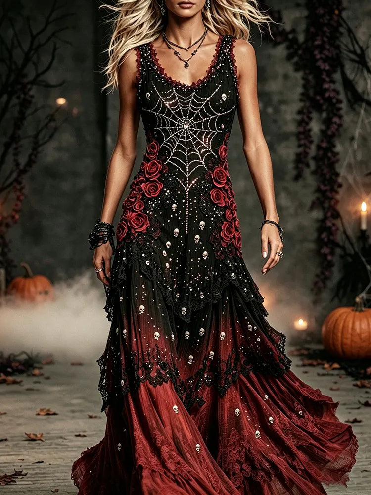 Women's Vintage Halloween Rose And Spiderweb Art Maxi Tank Dress