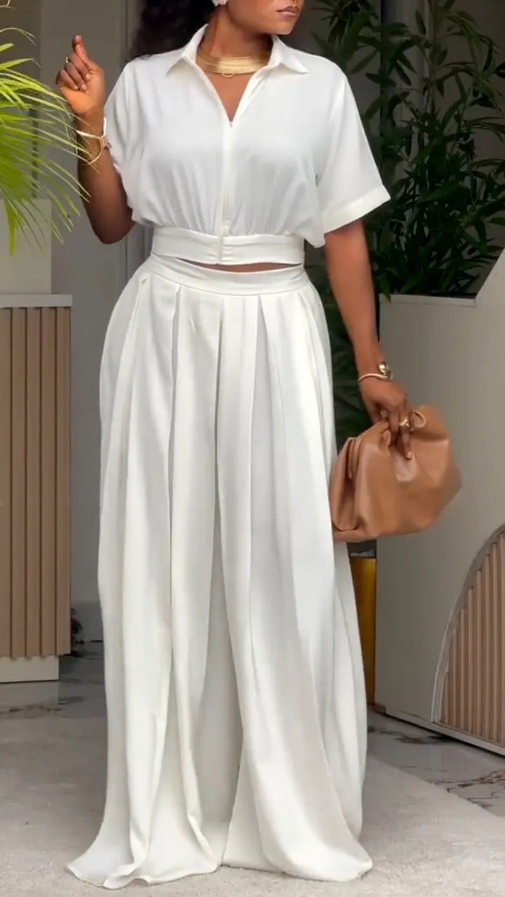 White Satin Cinched-Waist Co-Ord Set
