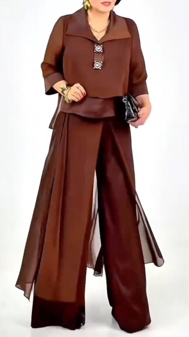 Women's Lapel Chiffon Top & Flowy Wide-Leg Pants Casual Set