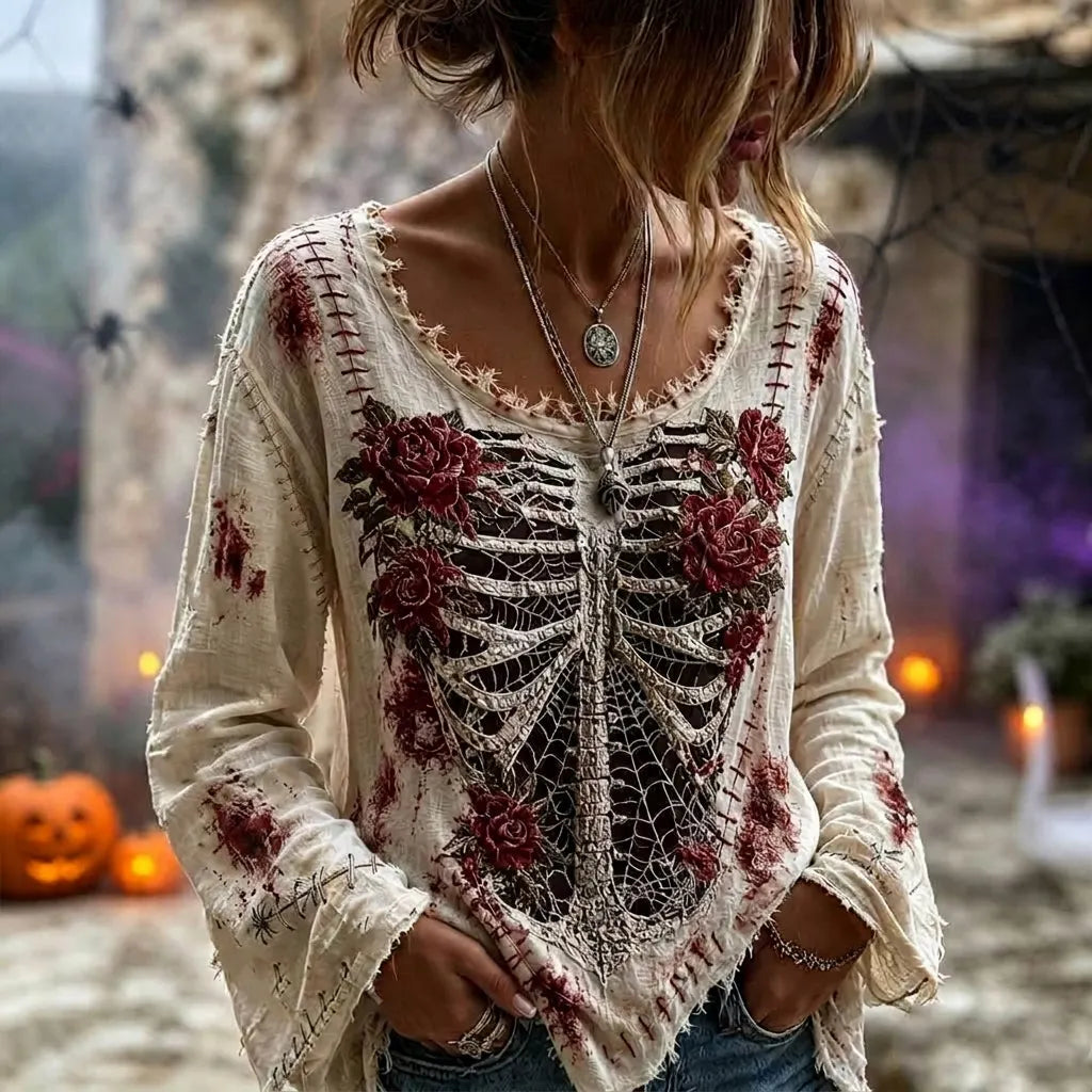 Women's Retro Halloween Skull And Spiderweb Bloody Pattern Crew Neck Long Sleeve T-shirt