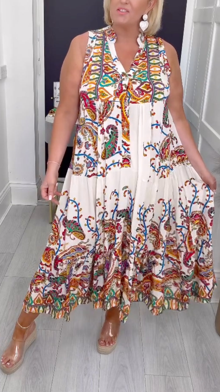 Colorful Paisley Print Sleeveless Midi Dress