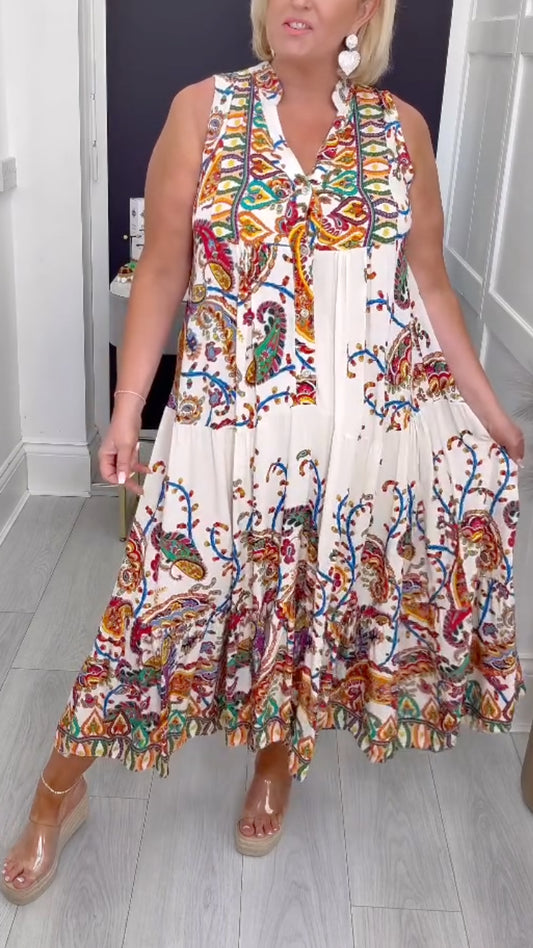 Colorful Paisley Print Sleeveless Midi Dress