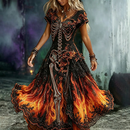 Halloween Witch Flame And Bone Art Casual Flowing Long Dress