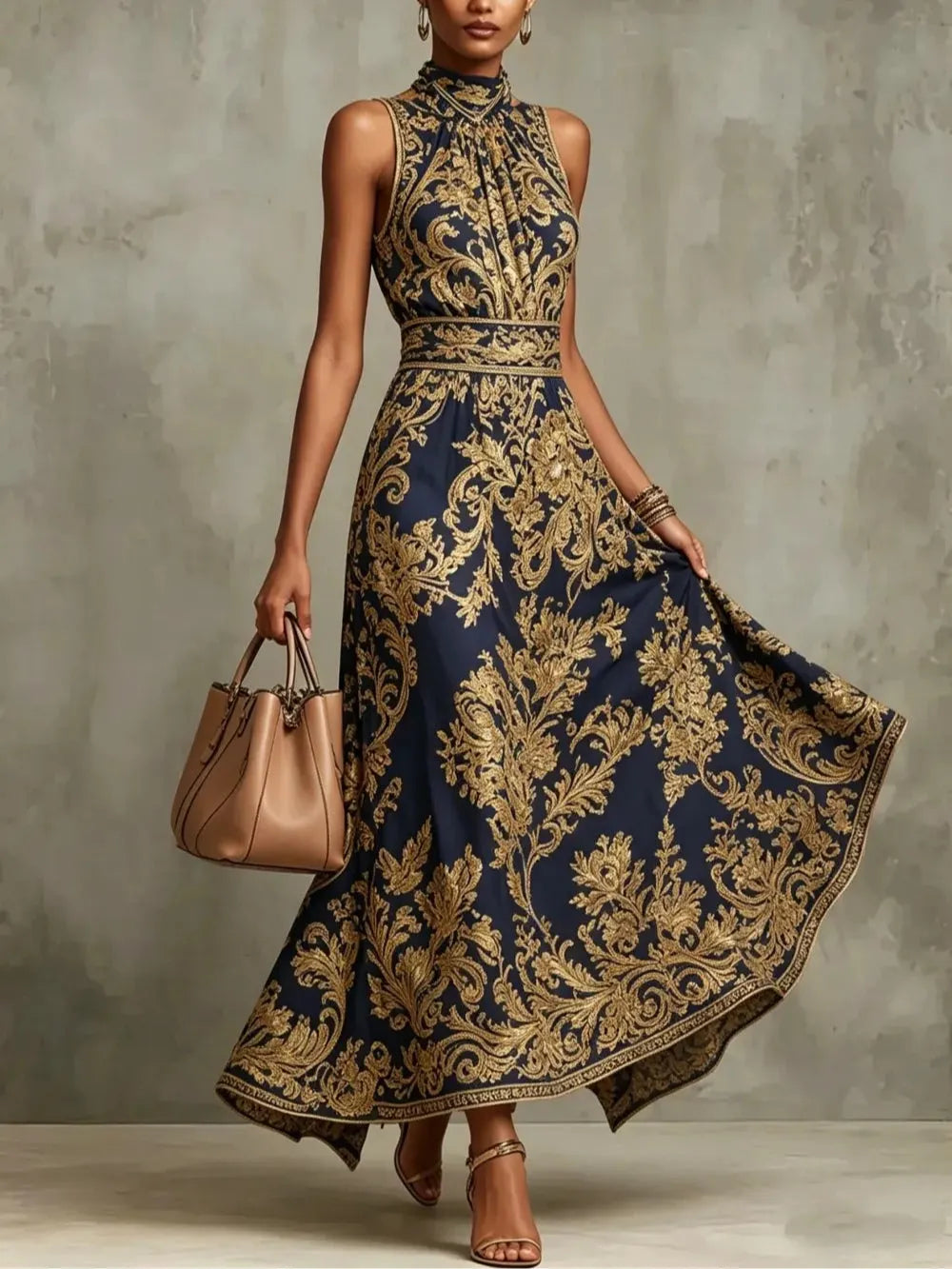Navy Blue And Gold Baroque Print Halter Neck Sleeveless Maxi Dress