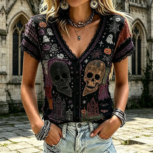 Women's Halloween Skull And Spider Art Distressed Patchwork V-neck Short Sleeve Top